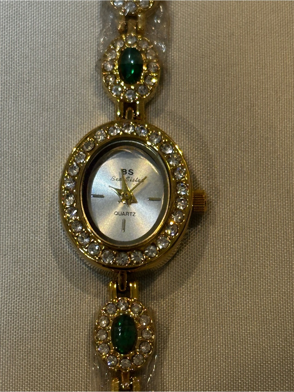 Vintage Inspired Dainty Gold-Tone Ladies Bracelet Watch with Green Stone Accents - Picture 6 of 14